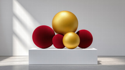 Gold and red seasonal installation featuring large decorative spheres on white pedestal in modern gallery with natural light
