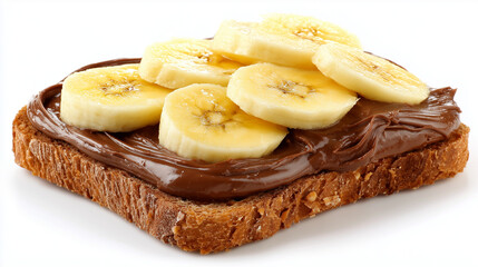 Nutella spread toast with banana slices, isolated on white background, high quality stock photo