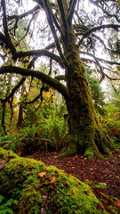 Lush mossy forest scene, ancient tree
