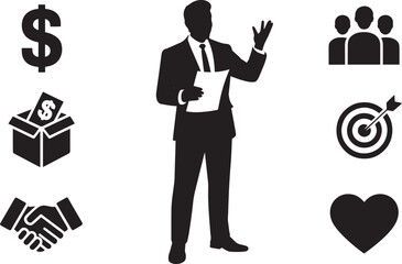 Silhouette of Business Professional Presenting with Financial Icons on Transparent Backdrop