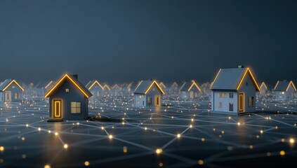 Miniature houses connected by glowing network