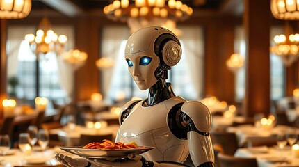 Robot waiter serves food in restaurant.