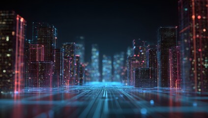 Futuristic cityscape at night, with glowing, interconnected buildings and digital pathways
