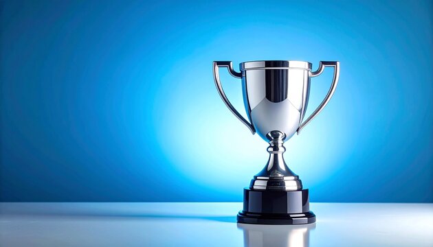 Silver trophy cup with black base on reflective surface — elegant, classic symbol of success and recognition against gradient blue backdrop
