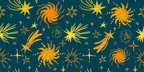 Hand drawn crayon or chalk stars seamless pattern. Colorful pencil textured doodle print. Funky childish sketch stars. Modern print for textile, fabric, wallpaper, wrapping, gift wrap, paper