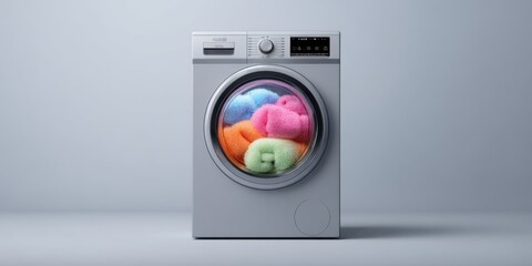 The washing machine filled with colorful fluffy towels ready for cleaning.