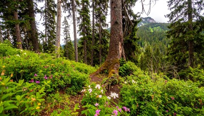 Lush mountain forest with wildflowers