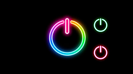 Neon glowing power button icon. Neon light power button turning on and off icon. six colour neon Power Button icon on the black background. Vector Illustration