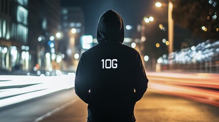 A man wearing a hoodie with the number 10 on it stands on a street at night. The image has a moody and mysterious feel to it, as the man is alone and the street is dark