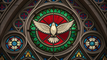 White dove stained glass gothic window detail architecture
