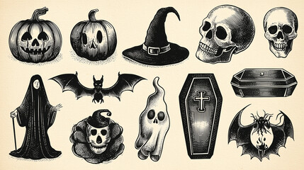 set of vintage halloween engraving or halftone icons,Retro Spooky halloween design elements with pumpkin, skull, ghost, bat, witch hat, and coffin