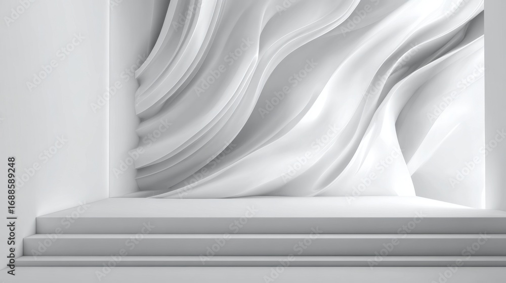 Aufkleber soft waves of white material create a calming effect on the wall in this minimalist space. the desig