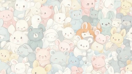 Obraz premium 86.A seamless pattern featuring adorable baby animals like bunnies, bears, elephants, and foxes, all illustrated in soft pastel hues. The animals are playfully arranged in a repetitive, orderly