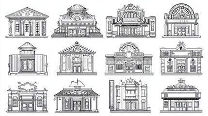A collection of black and white sketches featuring unique architectural facades, each illustrating distinct styles and decoration elements. These designs showcase creativity across different eras.