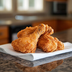 Two Pieces of Crispy, Golden-Brown Fried Chicken Resting on a Kitchen Counter