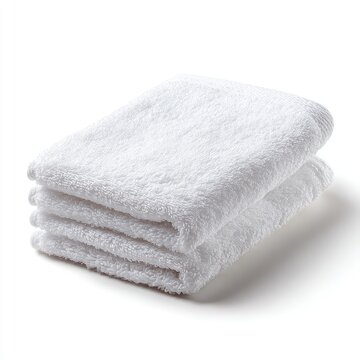 A neatly stacked trio of plush, white, cotton hand towels, exhibiting a soft, fluffy texture against a bright white background