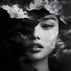 Artistic Double Exposure Portrait of a Woman's Face and Stormy Clouds in Monochrome