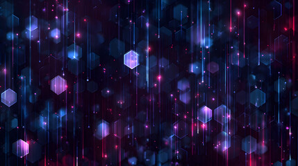 Futuristic Digital Background with Glowing Purple and Blue Hexagonal Particles