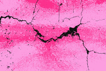 Pink paint on the wall. Cracked concrete wall surface in pink and black colors. Grunge granite texture background. Vector illustration