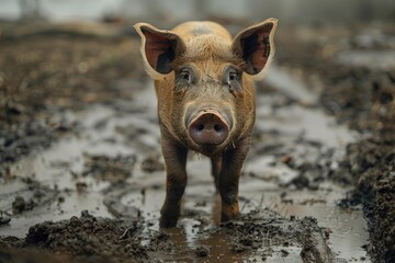Ultra Hd Visual of Selective Focus Shot of a Pig Standing in a Mud