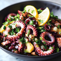 Healthy Mediterranean Octopus Salad with Potatoes, Parsley, and a Lemon Wedge