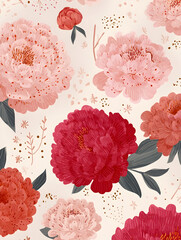 Seamless Vintage Floral Pattern with Beautiful Red and Pink Peony Flowers