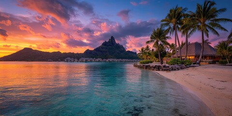 Naklejka premium Tropical paradise at sunset. Vivid colors paint the sky over a tranquil island beach with overwater bungalows