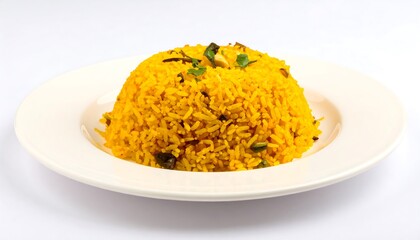 Vibrant yellow rice dish served on a white plate