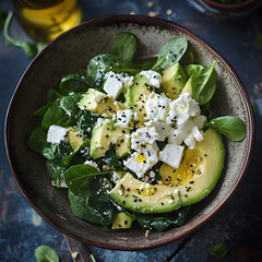 Healthy and Delicious Spinach Salad with Avocado, Feta Cheese, and Sesame Seeds