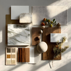 Interior Design Mood Board with a Palette of Natural Materials, Textures, and Colors