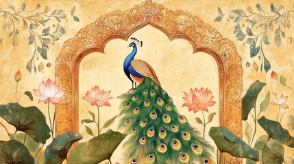 51.A stunning pichwai illustration featuring a traditional Mughal garden, complete with vibrant peacocks gracefully perched among lush, blooming lotus flowers. The design is framed by an intricate
