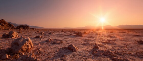 The breathtaking sunset over the tranquil salt flats in a remote desert.