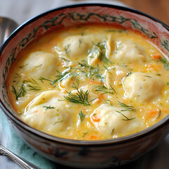 Hearty Bowl of Hot Dumplings in Broth Garnished with Fresh Dill - Comfort Food