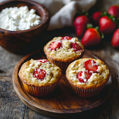 Delicious Homemade Strawberry and Cream Cheese Muffins on a Rustic Wooden Board