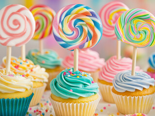 A playful and colorful display of birthday cupcakes, each topped with a large, swirl-patterned lollipop in bright shades like rainbow