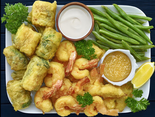 Platter of Assorted Fried Appetizers with Shrimp, Spring Rolls, and Dipping Sauces