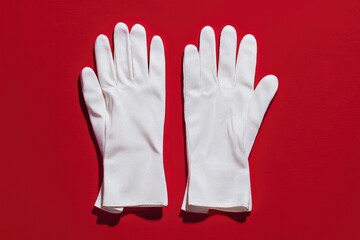 Obraz premium A pair of pristine white gloves lay flat against a vibrant red background, casting subtle shadows