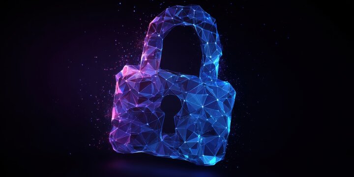 Abstract, glowing padlock, low-poly style, vibrant purple and blue, dark background