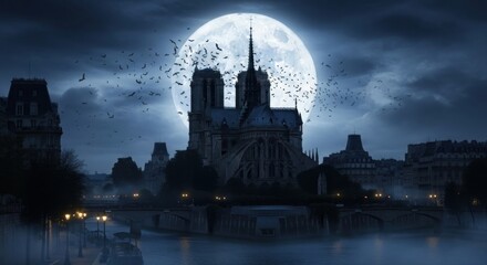 Naklejka premium Gothic Cathedral Under Full Moon with Birds Flying Night Scene in Dark Sky