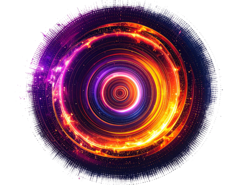 Radial halftone background with energy circle and technical swirl png.