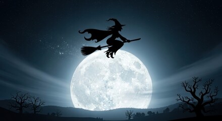 Silhouette of Witch Flying on Broomstick Over Bright Full Moon in Night Sky