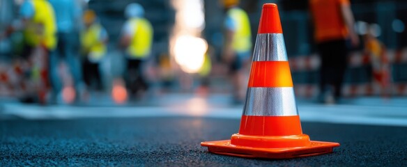The vibrant orange traffic cone amidst a busy urban construction site