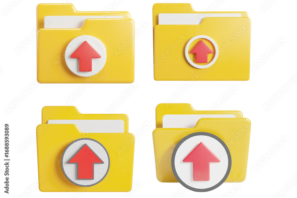 Fototapete four yellow folder icons with red upload arrows on transparent background file document