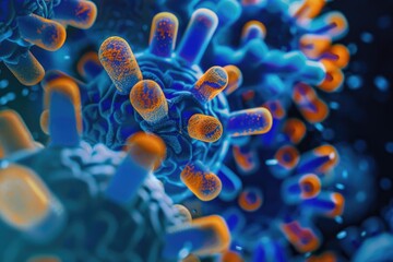 Clear Pixel Visual of Microscopic View of Bacteria or Virus in Blue and Orange