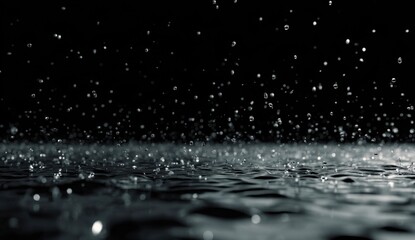 Rain drops falling on dark water