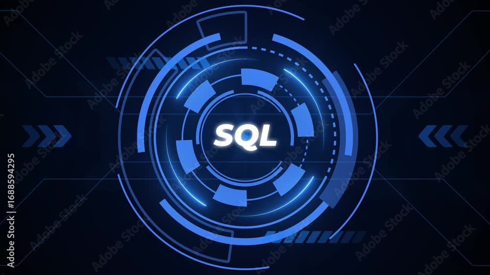 Poster white sql acronym illuminated on a dark blue futuristic hud with circular technology elements image