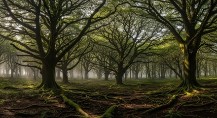 Misty Forest with Large Moss-covered Trees and Root Systems in Natural Light