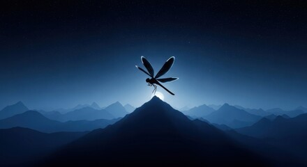 Naklejka premium Large Dragonfly Resting on Mountain Peak Under Starry Night Sky in Silhouette