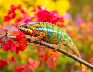 Colorful chameleon on branch amidst vibrant flowers