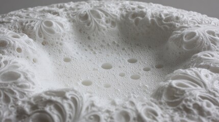 Naklejka premium Close-up shot of a textured white surface with raised, intricate patterns, resembling delicate floral details, and a smooth, liquid center